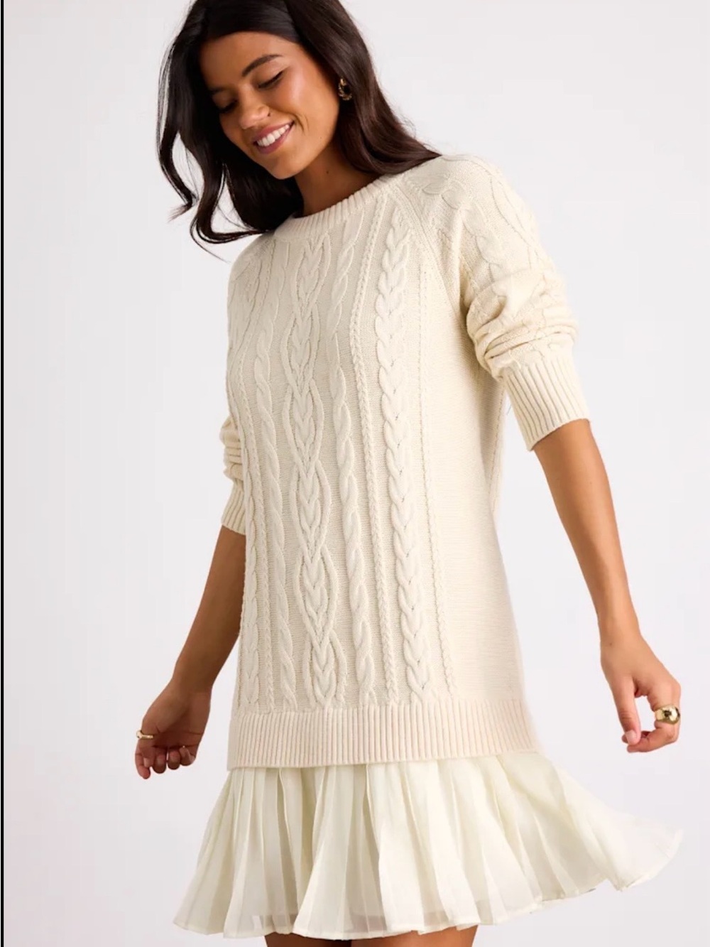 Cream Cable Knit Long Sleeve Dress